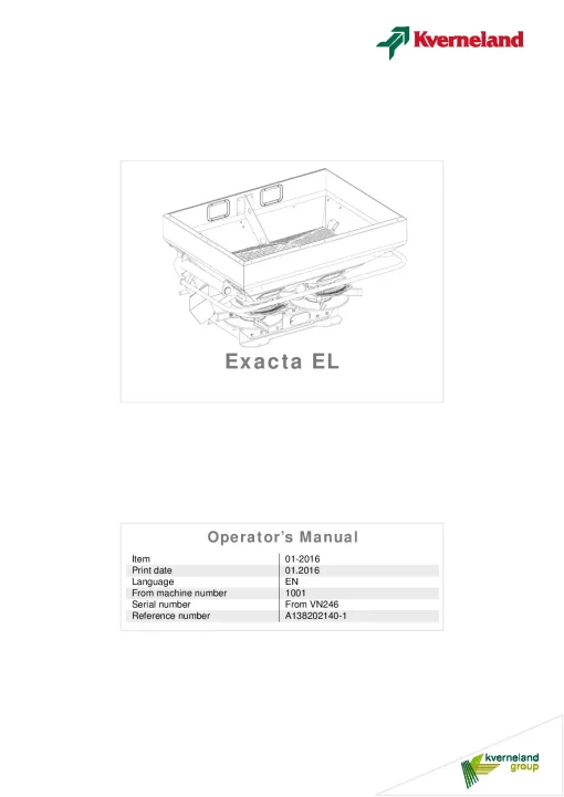 Kverneland EXACTA-EL Spreaders Disc Rear mounted 2016 Sn 1001 Operation Maintenance Manual PDF download