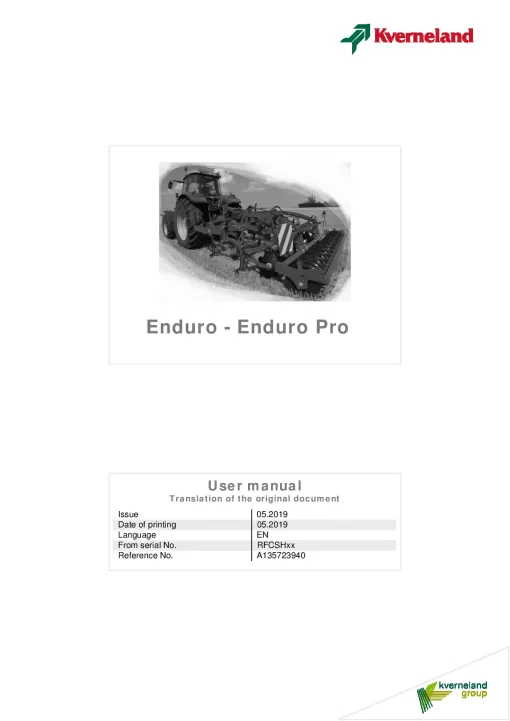 Kverneland Enduro -Enduro Pro Stubble Cultivators 2019 Operation Maintenance Manual PDF download
