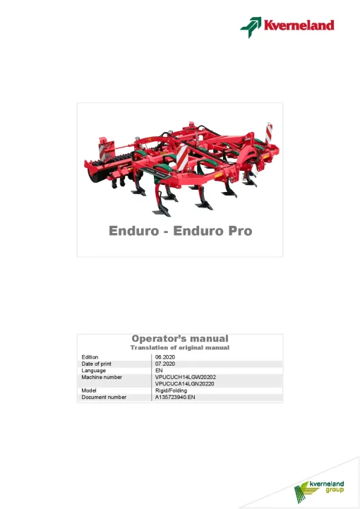 Kverneland Enduro -Enduro Pro Stubble Cultivators 2020 Sn 20202 Operation Maintenance Manual PDF download
