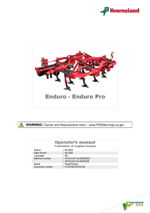 Kverneland Enduro -Enduro Pro Stubble Cultivators 2020 Sn 20202,20220 North America Operation Maintenance Manual PDF download