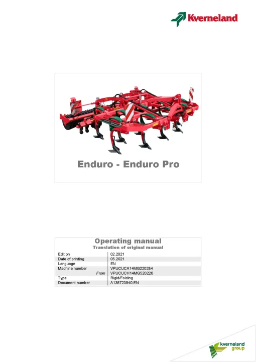 Kverneland Enduro -Enduro Pro Stubble Cultivators 2021 Sn 220284, 520226 Operation Maintenance Manual PDF download