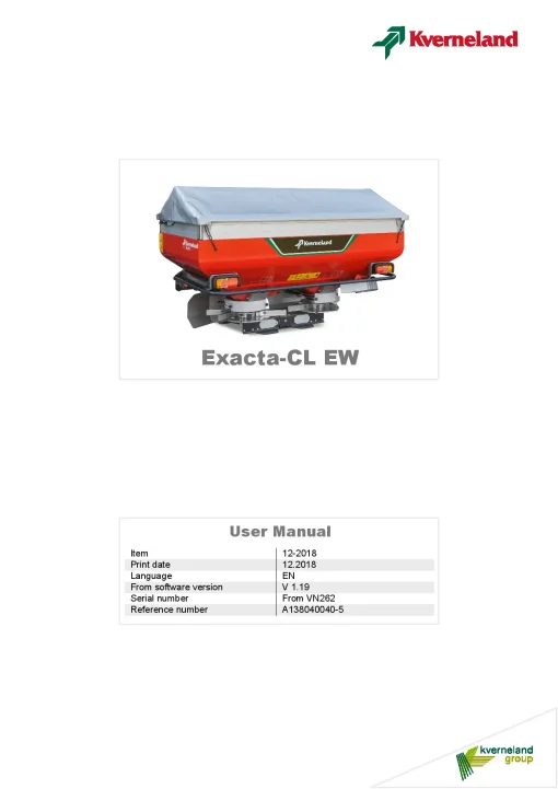 Kverneland Exacta CL EW Spreaders Disc Rear mounted 12.2018 Operation Maintenance Manual PDF download