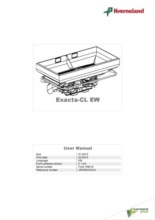 Kverneland Exacta CL EW Spreaders Disc Rear mounted 2013 Operation Maintenance Manual PDF download