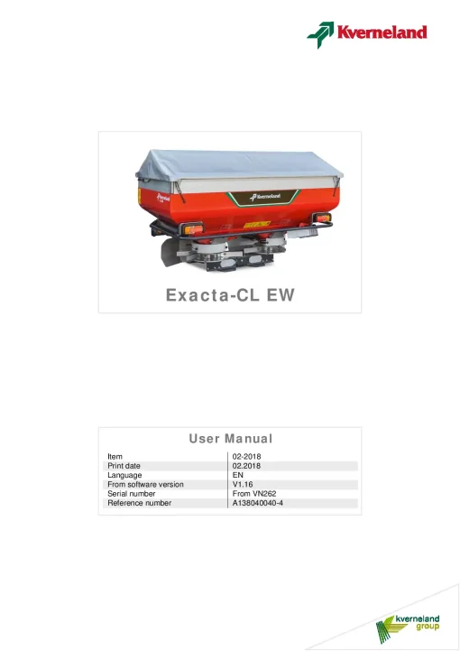 Kverneland Exacta CL EW Spreaders Disc Rear mounted 2018 Operation Maintenance Manual PDF download
