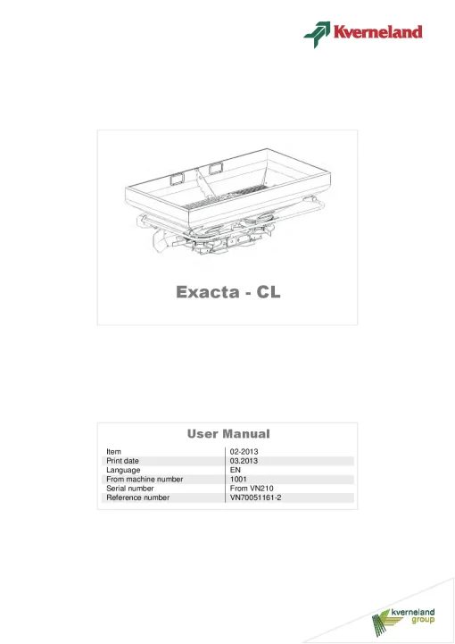 Kverneland Exacta CL Spreaders Disc Rear mounted 02.2013 Operation Maintenance Manual PDF download