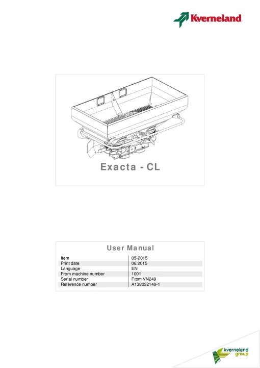Kverneland Exacta CL Spreaders Disc Rear mounted 05.2015 Operation Maintenance Manual PDF download