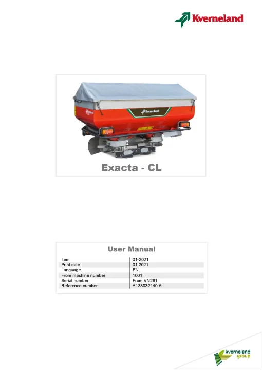Kverneland Exacta CL Spreaders Disc Rear mounted 2021 Operation Maintenance Manual PDF download