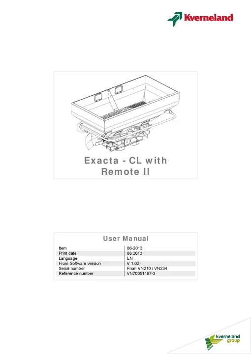 Kverneland Exacta CL with Remote II Spreaders Disc Rear mounted 06.2013 Operation Maintenance Manual PDF download