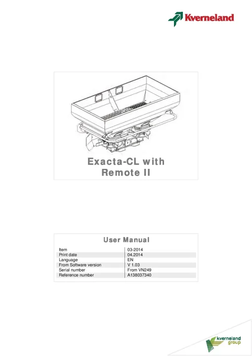 Kverneland Exacta CL with Remote II Spreaders Disc Rear mounted 2014 Operation Maintenance Manual PDF download