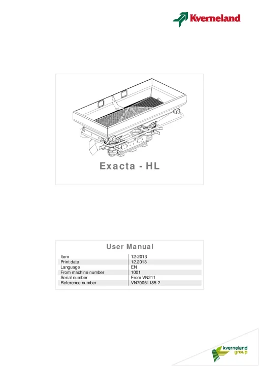 Kverneland Exacta HL Spreaders Disc Rear mounted 2013 Operation Maintenance Manual PDF download