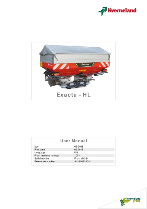 Kverneland Exacta HL Spreaders Disc Rear mounted 2018 Operation Maintenance Manual PDF download