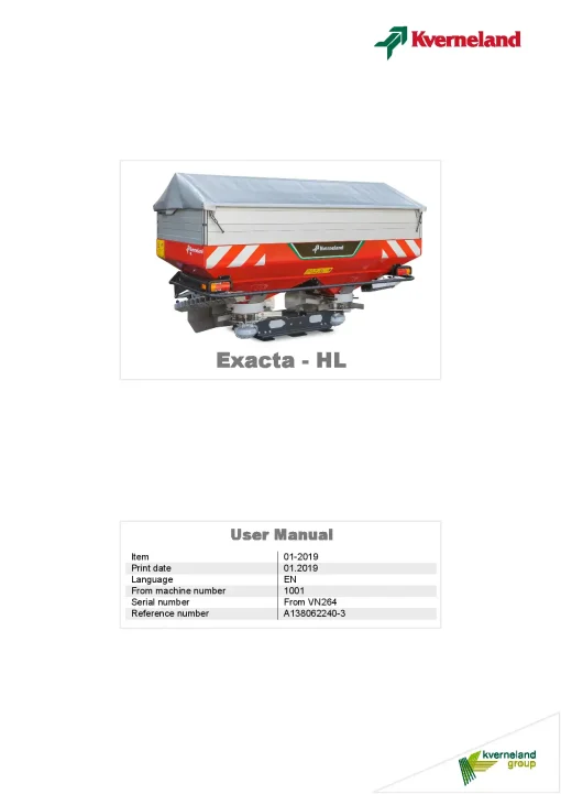 Kverneland Exacta HL Spreaders Disc Rear mounted 2019 Operation Maintenance Manual PDF download