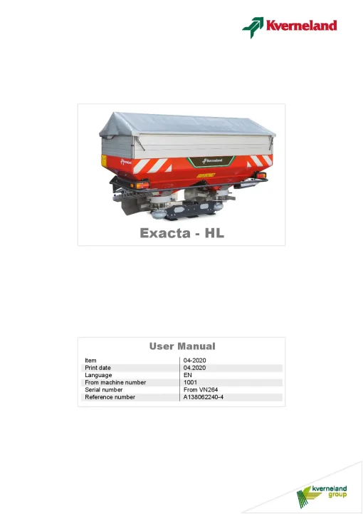 Kverneland Exacta HL Spreaders Disc Rear mounted 2020 Operation Maintenance Manual PDF download