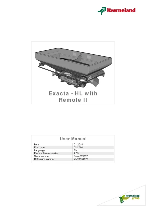 Kverneland Exacta HL with Remote II Spreaders Disc Rear mounted 01.2014 Operation Maintenance Manual PDF download