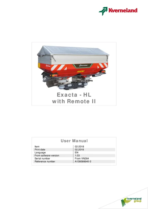 Kverneland Exacta HL with Remote II Spreaders Disc Rear mounted 02.2018 Operation Maintenance Manual PDF download