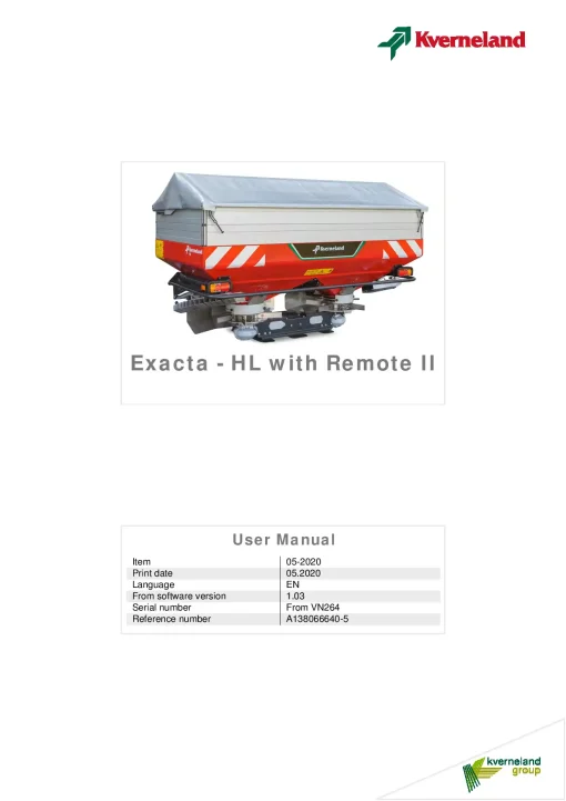 Kverneland Exacta HL with Remote II Spreaders Disc Rear mounted 05.2020 Operation Maintenance Manual PDF download