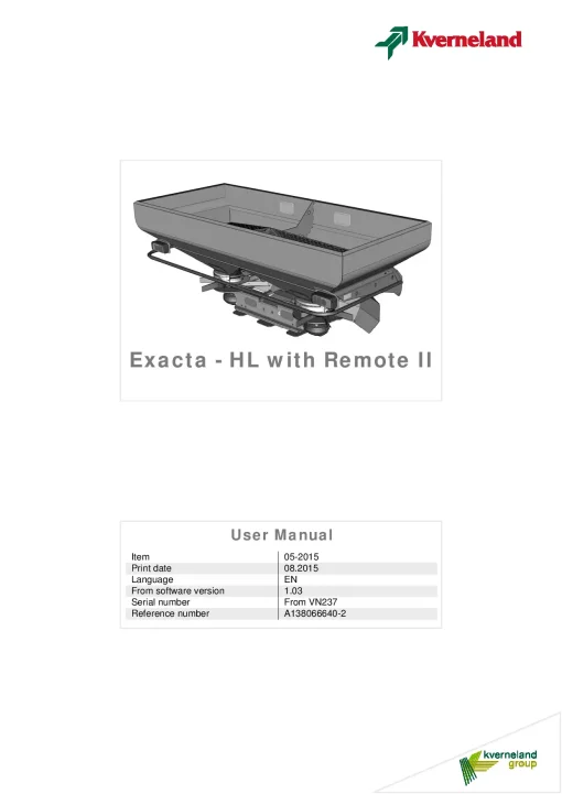 Kverneland Exacta HL with Remote II Spreaders Disc Rear mounted 06.2015 Operation Maintenance Manual PDF download