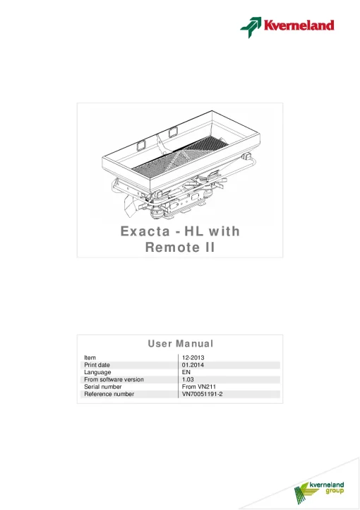Kverneland Exacta HL with Remote II Spreaders Disc Rear mounted 12.2013 Operation Maintenance Manual PDF download
