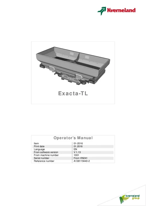 Kverneland Exacta TL Spreaders Disc Rear mounted 2016 Operation Maintenance Manual PDF download