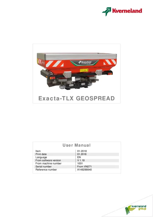 Kverneland Exacta TXL GEOSPREAD Disc Rear mounted 01.2018 Sn 1001 Operation Maintenance Manual PDF download