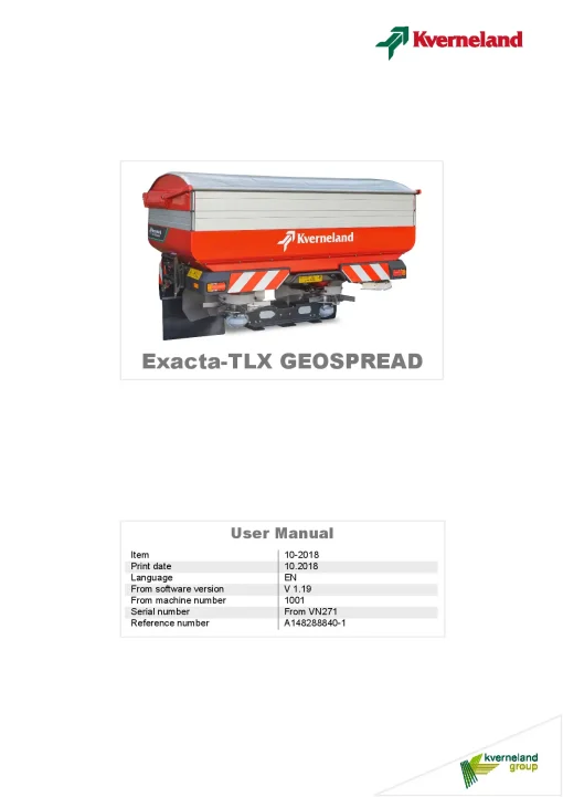 Kverneland Exacta TXL GEOSPREAD Disc Rear mounted 10.2018 Operation Maintenance Manual PDF download