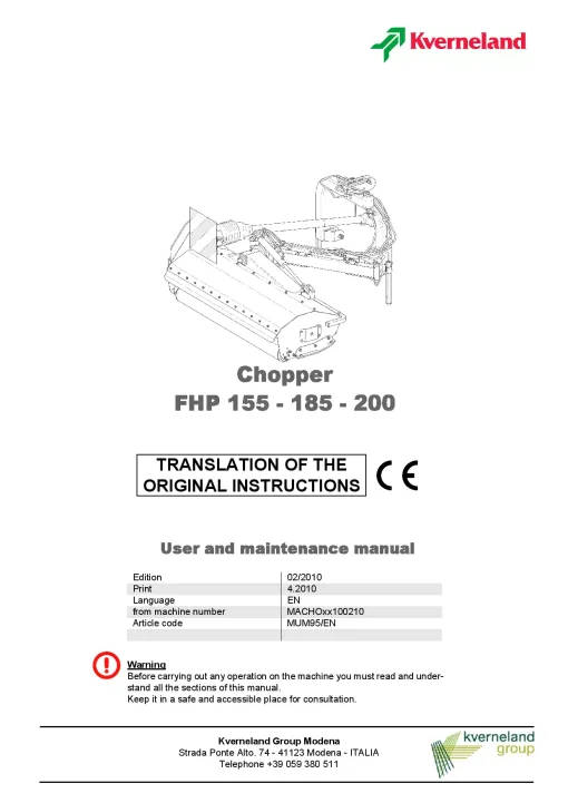 Kverneland FHP 155 185 200 Chopper 2010 Operation Maintenance Manual PDF download