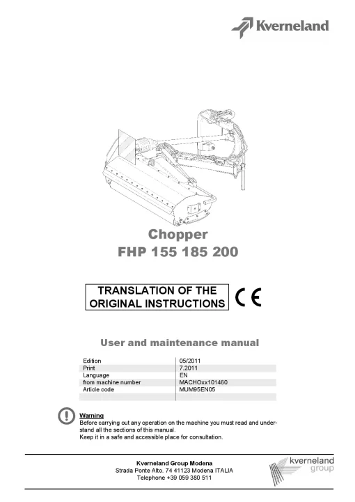 Kverneland FHP 155 185 200 Chopper 2011 Operation Maintenance Manual PDF download