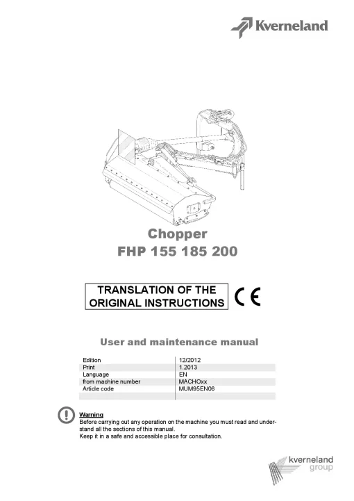 Kverneland FHP 155 185 200 Chopper 2012 Operation Maintenance Manual PDF download