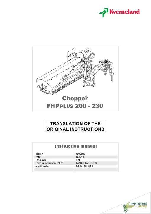 Kverneland FHP PLUS 200 230 Chopper 2013 Operation Maintenance Manual PDF download