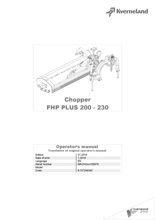 Kverneland FHP PLUS 200 230 Chopper 2016 Operation Maintenance Manual PDF download