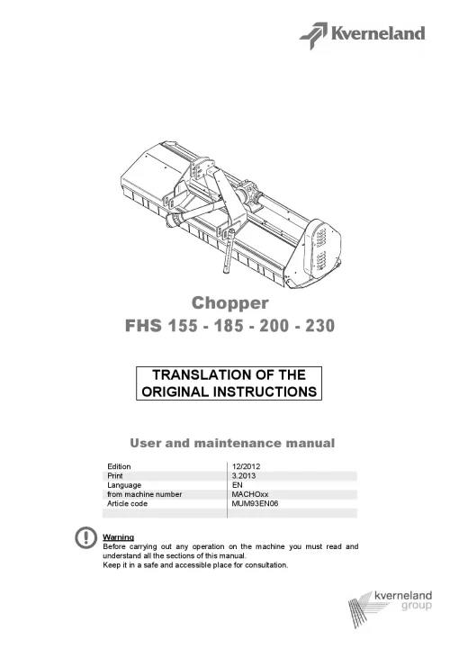 Kverneland FHP Plus 155 185 200 230 Chopper 2012 Operation Maintenance Manual PDF download
