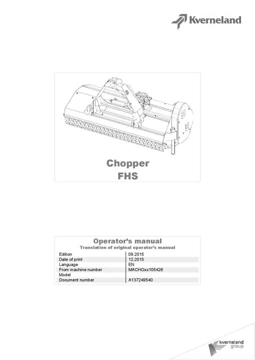 Kverneland FHS Chopper 2015 Operation Maintenance Manual PDF download