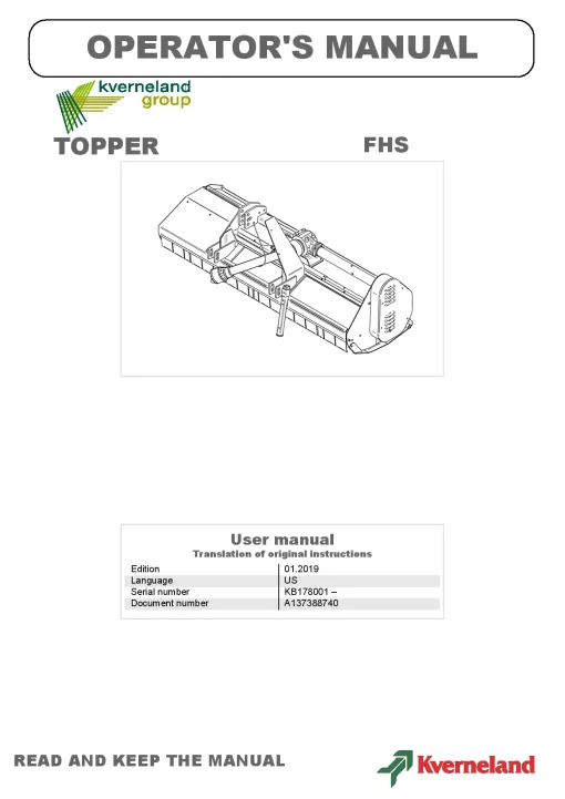Kverneland FHS Topper 2019 Operation Maintenance Manual PDF download