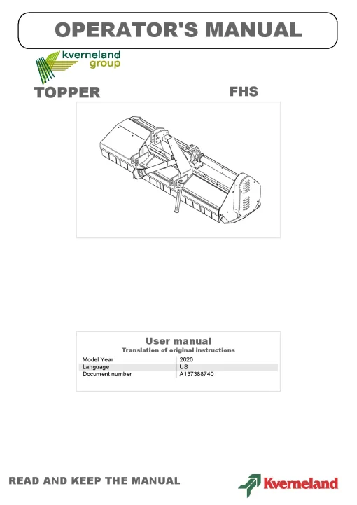 Kverneland FHS Topper 2020 Operation Maintenance Manual PDF download
