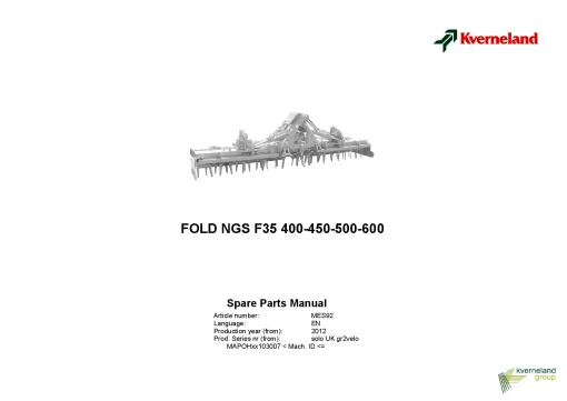 Kverneland FOLD NGS F35 400 450 500 600 Power Harrows 2012 Sn 13007 Only UK Parts Manual Catalog Pdf Download