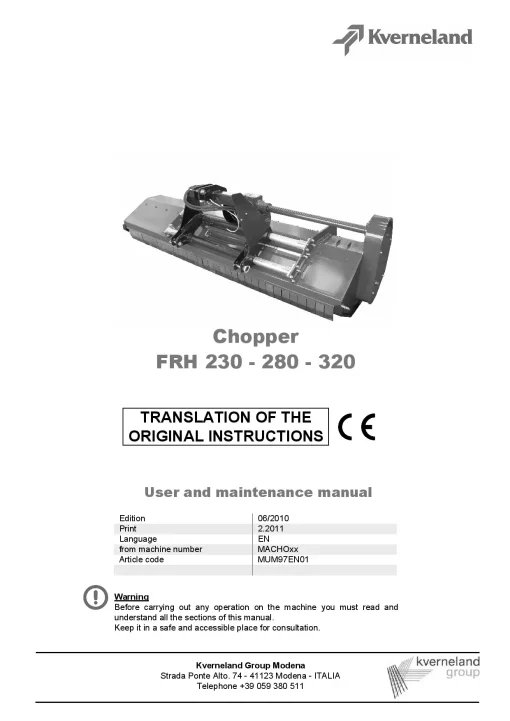 Kverneland FRH 230 280 320 Chopper 2010 Operation Maintenance Manual PDF download