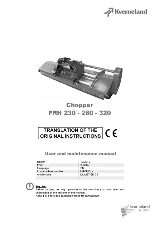 Kverneland FRH 230 280 320 Chopper 2012 Operation Maintenance Manual PDF download