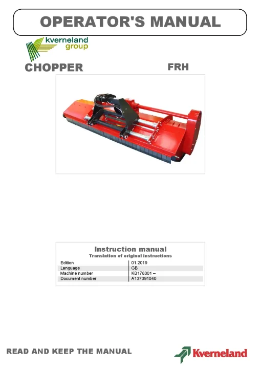 Kverneland FRH Chopper 2019 Operation Maintenance Manual PDF download