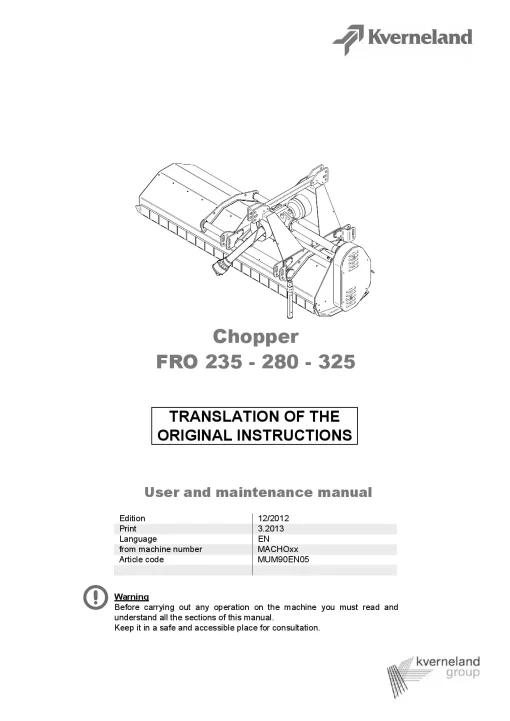 Kverneland FRO 235 280 325 Chopper 2012 Operation Maintenance Manual PDF download