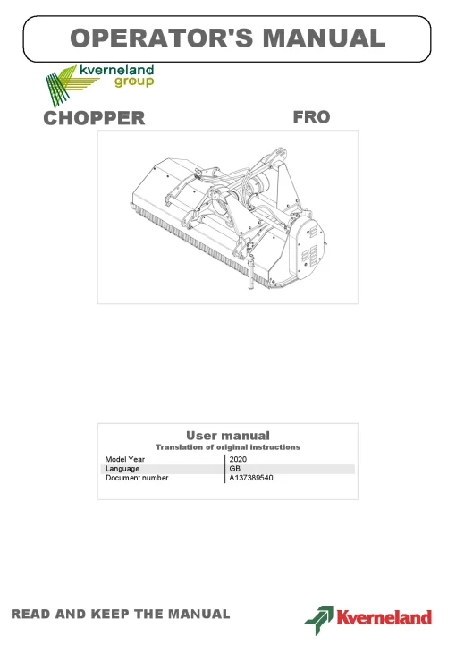 Kverneland FRO Chopper 2020 Operation Maintenance Manual PDF download