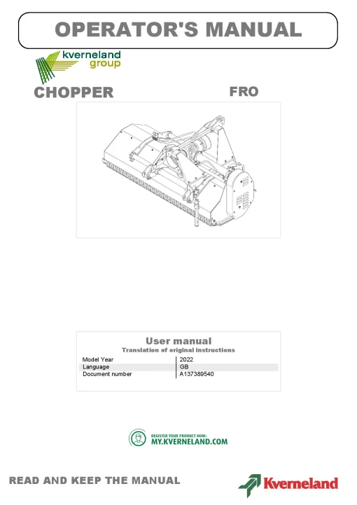 Kverneland FRO Chopper 2022 Operation Maintenance Manual PDF download