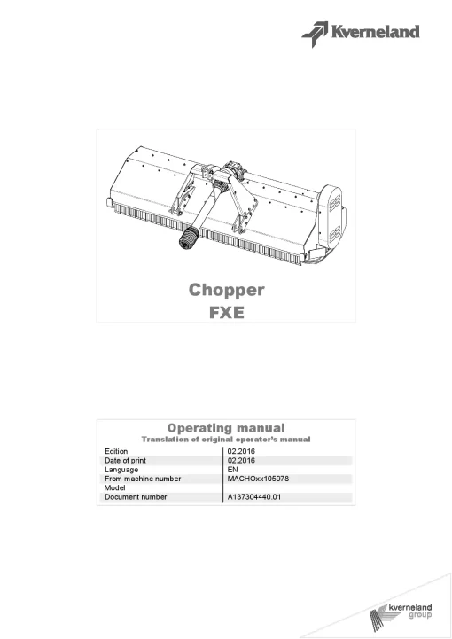 Kverneland FXE Chopper 2016 Operation Maintenance Manual PDF download