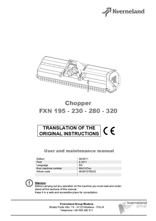 Kverneland FXN 195 230 280 320 Chopper 2011 Operation Maintenance Manual PDF download
