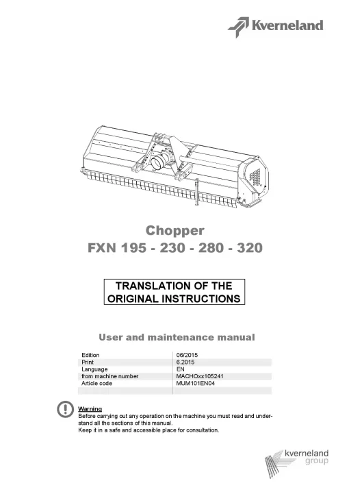 Kverneland FXN 195 230 280 320 Chopper 2015 Operation Maintenance Manual PDF download