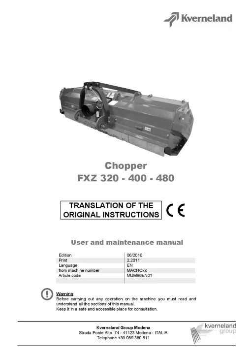 Kverneland FXN 320 400 480 Chopper 2010 Operation Maintenance Manual PDF download