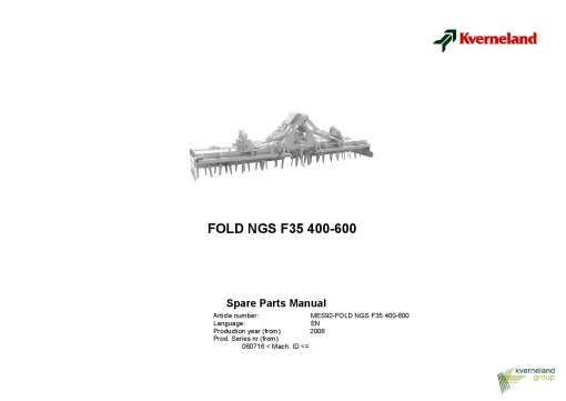 Kverneland Fold NGS F35 400 -600 Power Harrows 2006 Sn 060716 Parts Manual Catalog Pdf Download