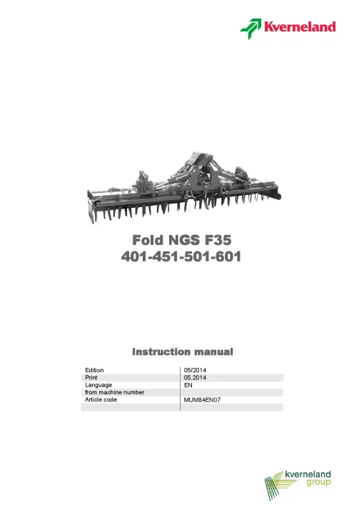 Kverneland Fold NGS F35 401 451 501 601 Power Harrows 2014 Operation Maintenance Manual PDF download