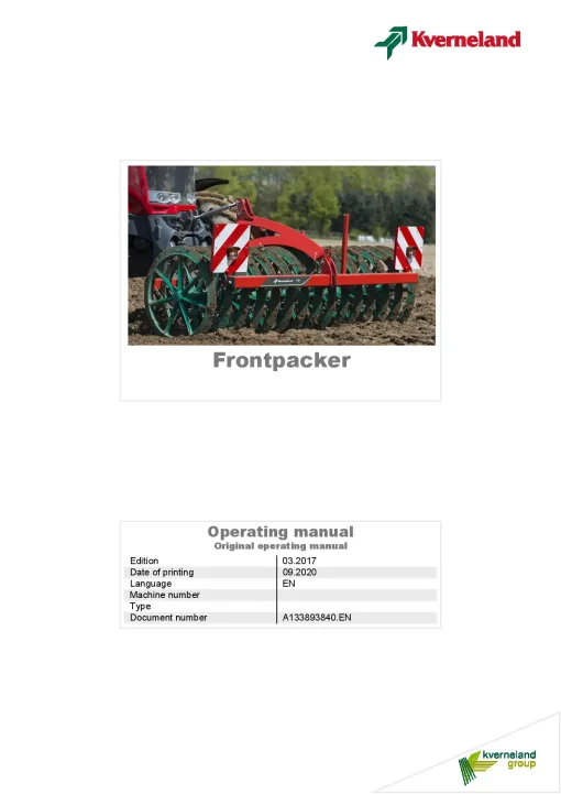Kverneland FrontPacker Furrow Press 2020 Operation Maintenance Manual PDF download