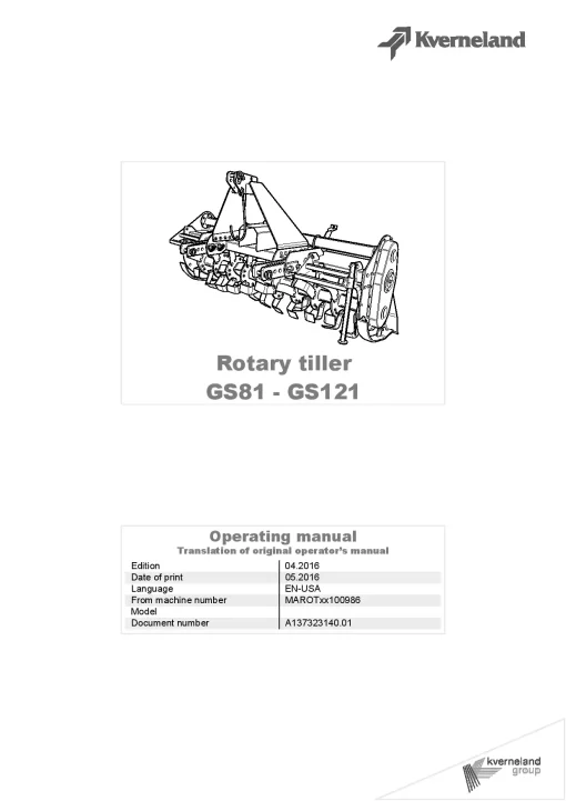 Kverneland GS 81 GS121 Rotary tillers 2016 Operation Maintenance Manual PDF download
