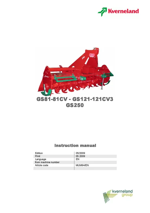 Kverneland GS81-81CV GS121-121CV3 GS250 Rotary tillers 2009 Operation Maintenance Manual PDF download